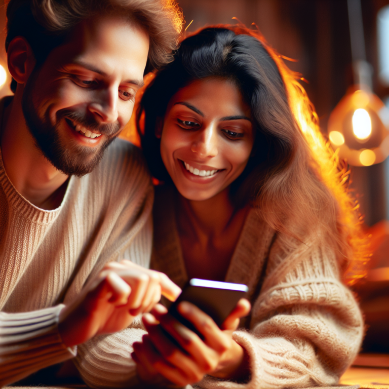 A couple using a smartphone together, showing joy and engagement while looking at an app screen. The setting is cozy, with warm lighting and soft textures, symbolizing intimacy and connection.