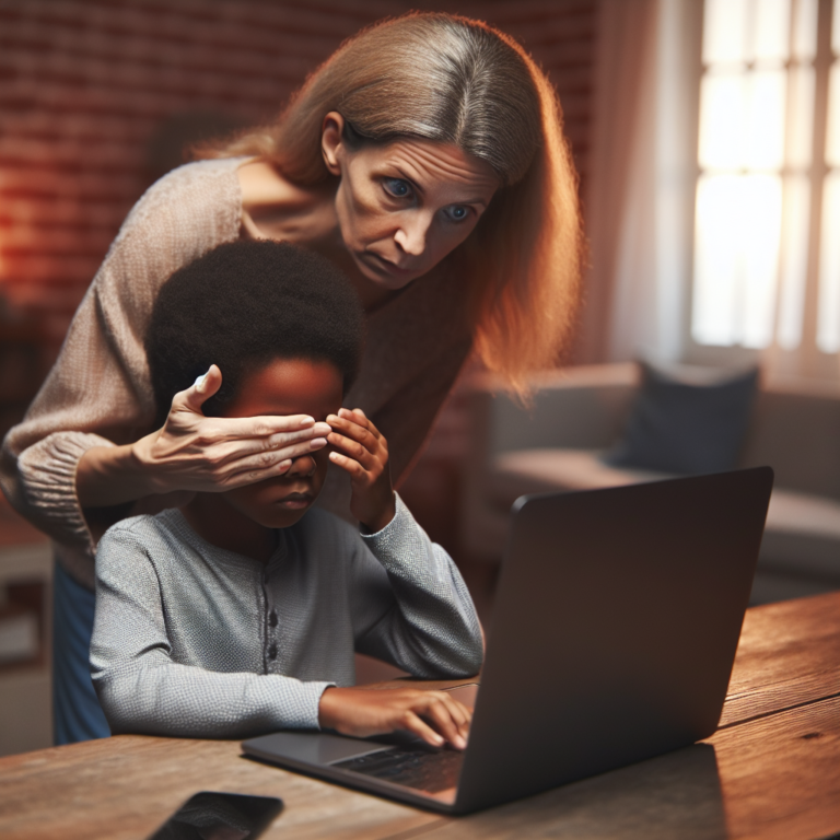 A concerned parent shielding their child's eyes from a computer screen displaying unintelligible content, soft warm lighting highlighting the home setting, an open laptop on a table, symbolizing internet safety and parental guidance.