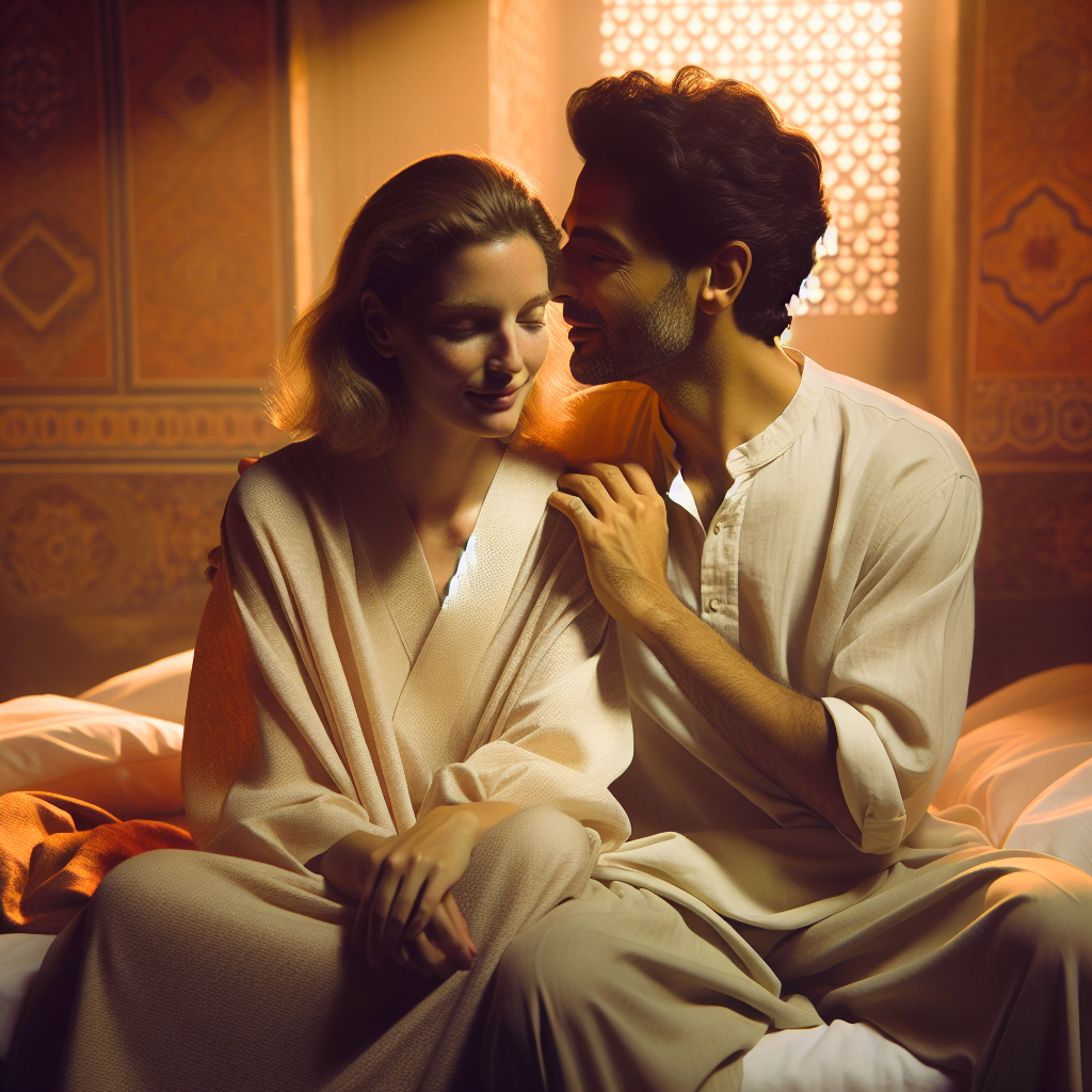 A romantic couple in a softly lit bedroom, sitting on a bed. One partner is whispering into the ear of the other, with a gentle and playful demeanor. The scene conveys intimacy and open communication, with warm, inviting tones and atmospheric lighting.