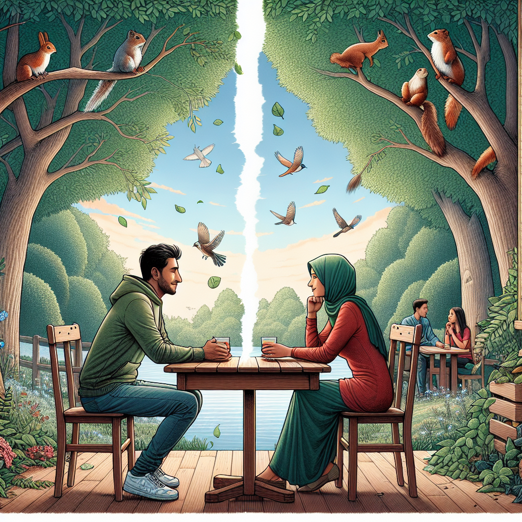 A peaceful and reflective illustration of two people having a calm and respectful breakup conversation in a serene environment, like a park or cozy cafe.