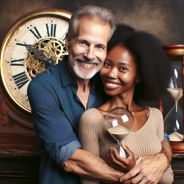 A couple of different ages, happily embracing, surrounded by a setting that symbolizes time, like a clock or an hourglass, to illustrate love transcending age differences.