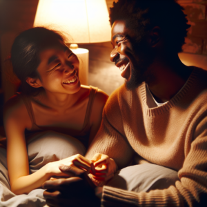 A couple sitting on a cozy bed, engaged in a warm, intimate conversation. They are smiling and looking at each other lovingly, with soft lighting creating a comforting and inviting atmosphere around them. Emphasize the emotional connection and warmth in the scene.