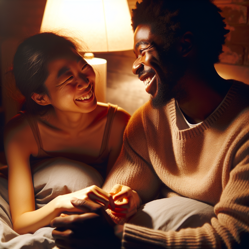 A couple sitting on a cozy bed, engaged in a warm, intimate conversation. They are smiling and looking at each other lovingly, with soft lighting creating a comforting and inviting atmosphere around them. Emphasize the emotional connection and warmth in the scene.