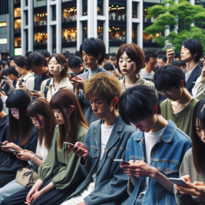 A group of young Japanese people at a social gathering, looking at their phones and avoiding physical interaction, against a backdrop of a modern urban environment in Japan. The image should capture a sense of social distance and cultural change, with subtle expressions reflecting a mix of curiosity and indifference in their faces.