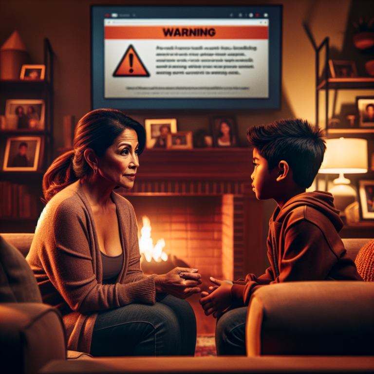 A concerned parent talking to their child, a computer screen in the background showing a warning message about inappropriate content, in a warm, living room setting.