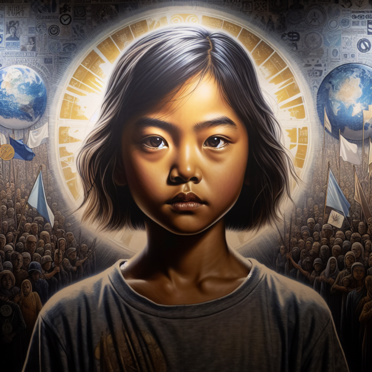 A powerful and emotional image showing a young girl standing strong and resilient, symbolizing hope and strength against a backdrop highlighting global unity and awareness in the fight against sexual violence.