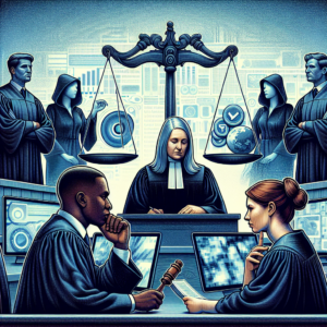 A thoughtful image illustrating a courtroom scene with judges making a decision, symbolizing the legal steps taken to protect minors from online pornography, with elements showing blurred computer screens in the background.