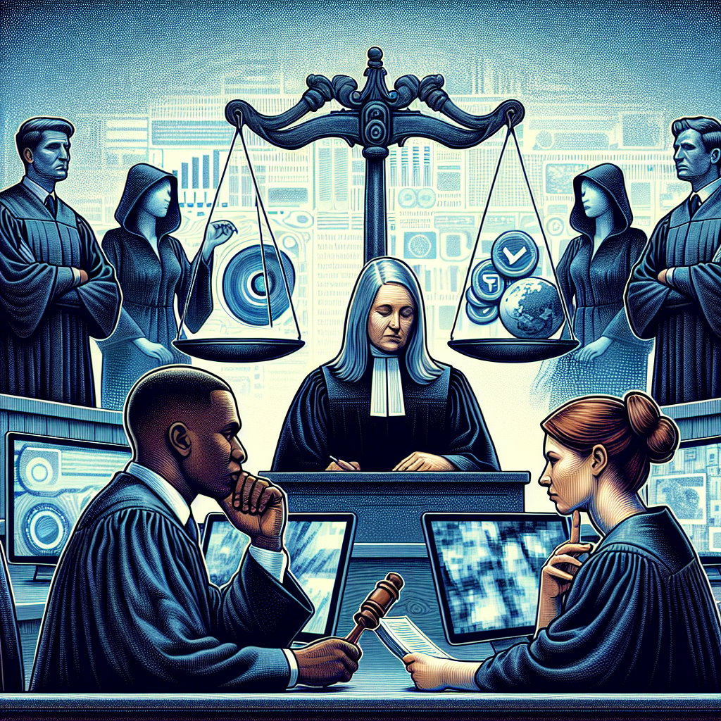 A thoughtful image illustrating a courtroom scene with judges making a decision, symbolizing the legal steps taken to protect minors from online pornography, with elements showing blurred computer screens in the background.