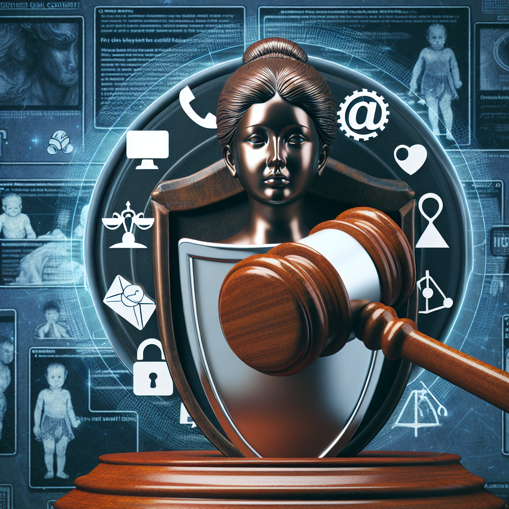 A symbolic image depicting justice protecting young minds from harmful online content, featuring a judge's gavel and a shield blocking explicit imagery to represent the protection of children.