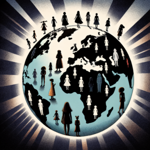 An illustration depicting a globe with silhouettes of young girls and women, symbolizing the global scale of sexual violence. The background should be dark to convey the seriousness of the topic, with faint light rays highlighting their figures, suggesting hope and awareness.