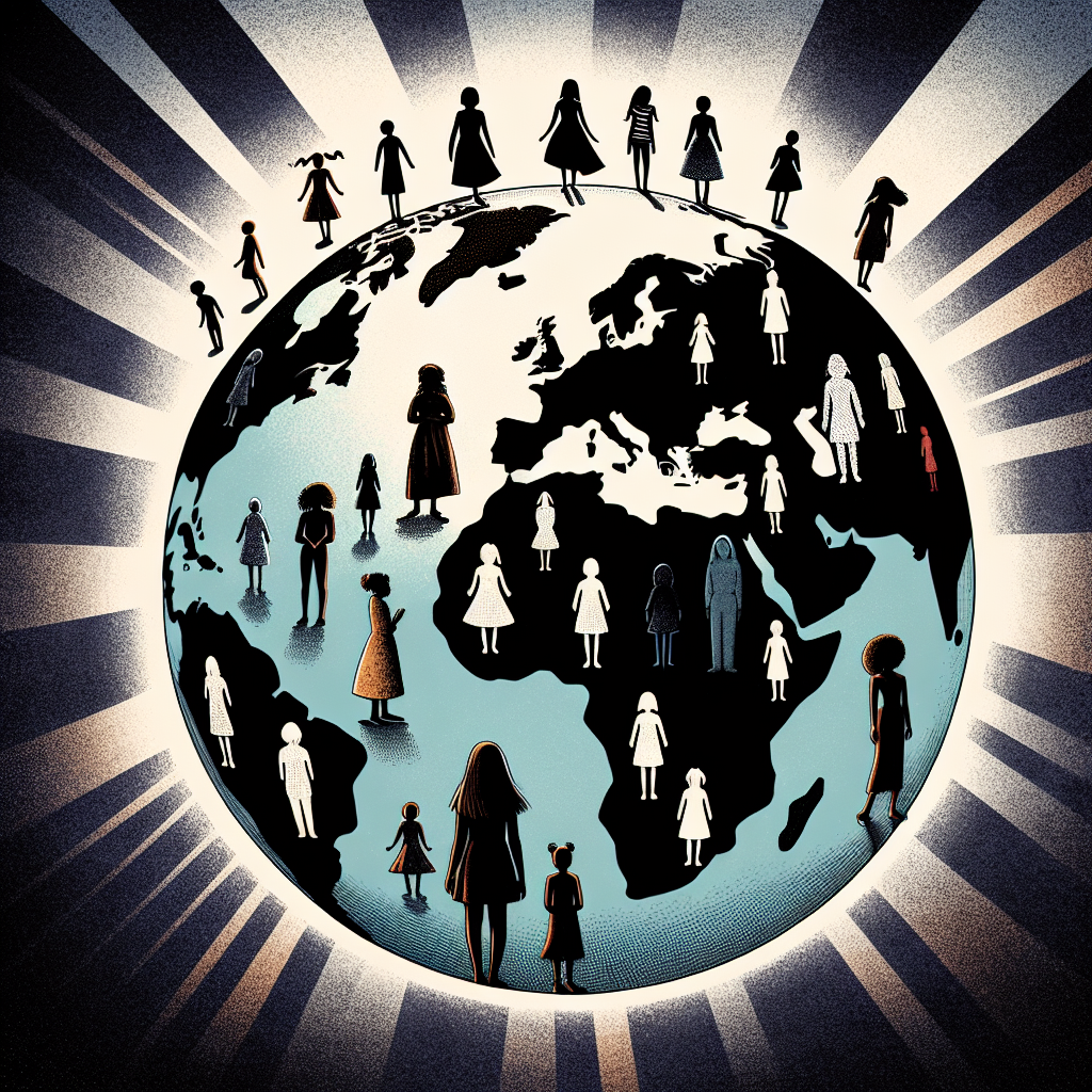 An illustration depicting a globe with silhouettes of young girls and women, symbolizing the global scale of sexual violence. The background should be dark to convey the seriousness of the topic, with faint light rays highlighting their figures, suggesting hope and awareness.