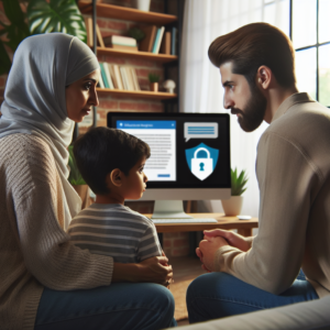 A thought-provoking image of a family discussing Internet safety, with a focus on protecting children from inappropriate content online. The setting is a home living room with attentive parents and a child looking at a computer screen.