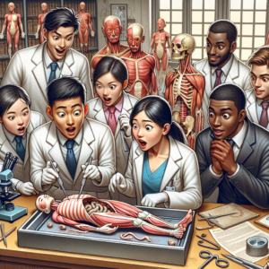 Illustration d'une scène d'étudiants en médecine découvrant un cas médical unique lors de la dissection, mettant en avant la surprise et l'étude attentive autour de mannequins anatomiques et instruments scientifiques en arrière-plan.