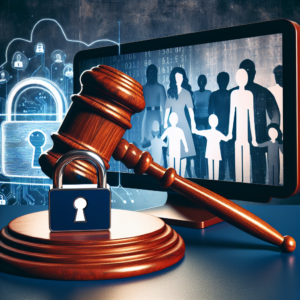 A thoughtful illustration depicting a gavel blocking a computer screen with a lock symbol, representing legal action to protect minors from online adult content, with a subtle backdrop of worried parents and children.