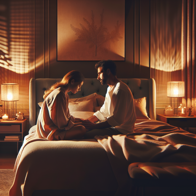 A cozy, dimly lit bedroom setting with romantic lighting. A couple is sitting on the bed, engaged in a deep, intimate conversation. The atmosphere is warm and inviting, filled with elements that suggest trust, openness, and exploration.