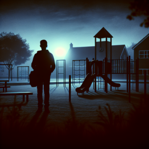 A somber illustration depicting a school playground with a shadowy figure in the background, conveying a sense of unease, highlighting the grave issue of child sexual aggression in schools. The image should evoke a feeling of awareness and seriousness.