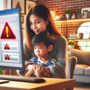 A concerned parent shielding a young child from a computer screen displaying flashing warning signs, symbolizing protection against online dangers. The setting is a cozy home with a safe and nurturing atmosphere.