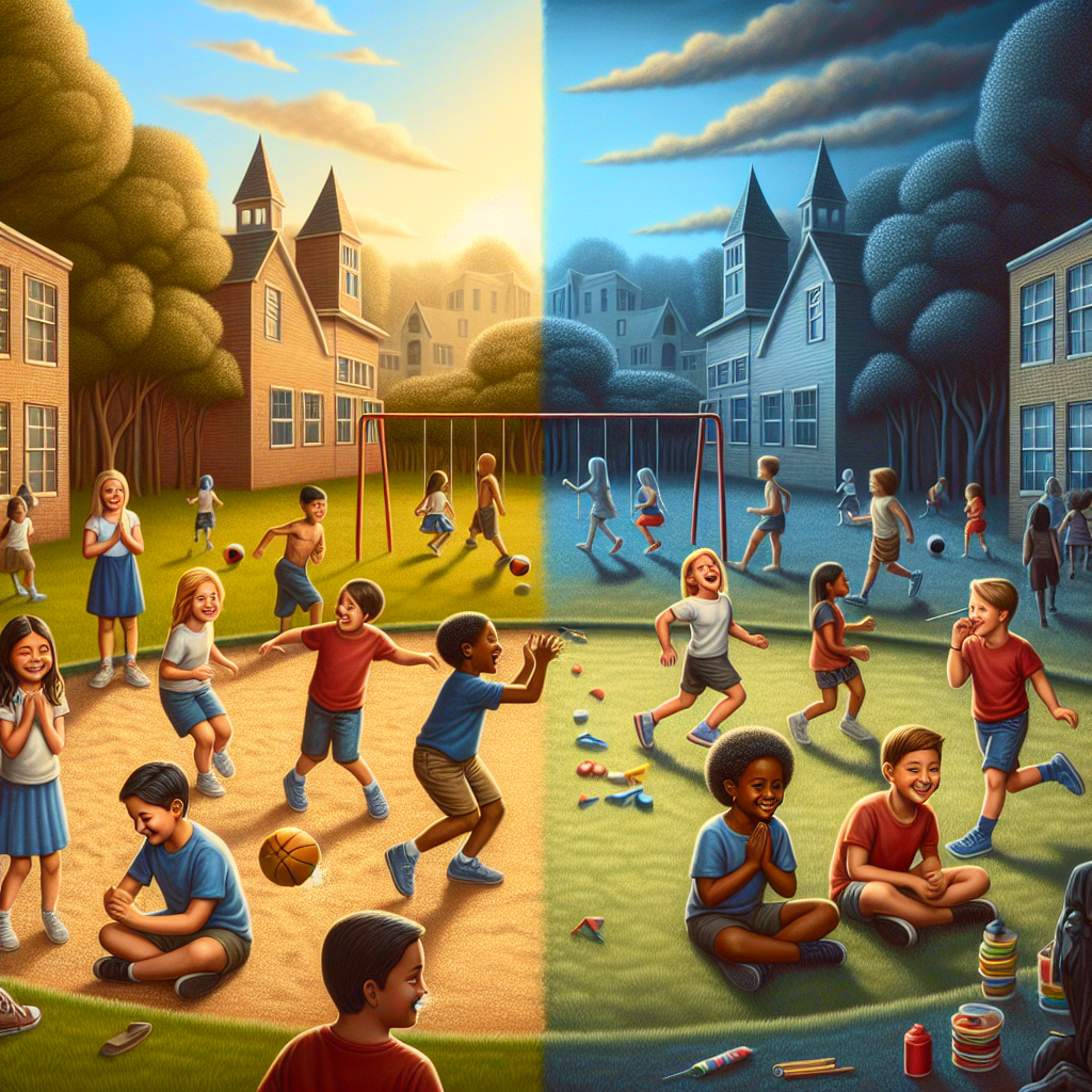 A school playground with children playing, focusing on two groups, one showing a group of children engaged in normal play activities and another with a shadowy undertone representing a subtle yet strong symbol for hidden issues such as bullying or violence. The image should capture innocence, oversight, and hidden danger in a balanced manner.