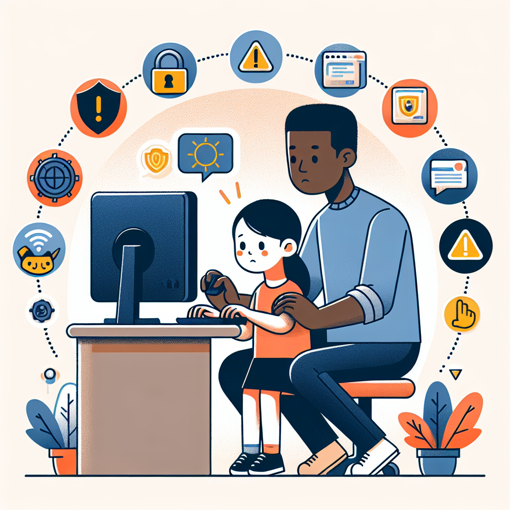 An informative and sensitive illustration showing the concept of internet safety for children, depicting a young child navigating a computer under the supervision of a parent, with symbols of protection and awareness, such as shields and warning signs, in a warm and educational style.