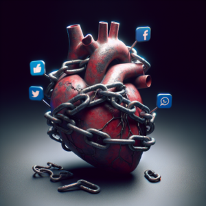 A heart being wrapped in chains, symbolizing love becoming a tool of manipulation, in a psychological and emotional context, with a background of subtle social media icons.