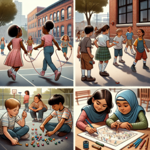 A serious and thought-provoking illustration depicting a school playground, symbolizing innocence and the unexpected complexity of young children's behavior.