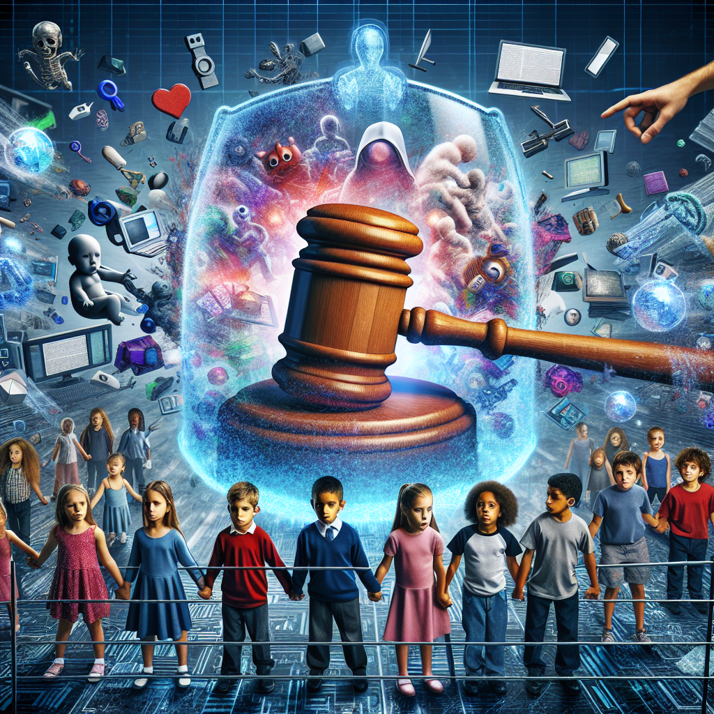 A symbolic illustration showing a protective barrier between children and explicit digital content, with a judge's gavel symbolizing justice and safety online, set against a backdrop of digital screens.