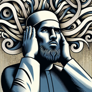 A close-up illustration of a person covering their ears, surrounded by swirling words symbolizing manipulative phrases, with a thoughtful and determined expression, in a modern, abstract style.