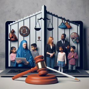 An image depicting a symbolic barrier blocking inappropriate content from reaching children, with a depiction of a gavel or scales of justice to represent legal action, and a family discussing online safety in the background.