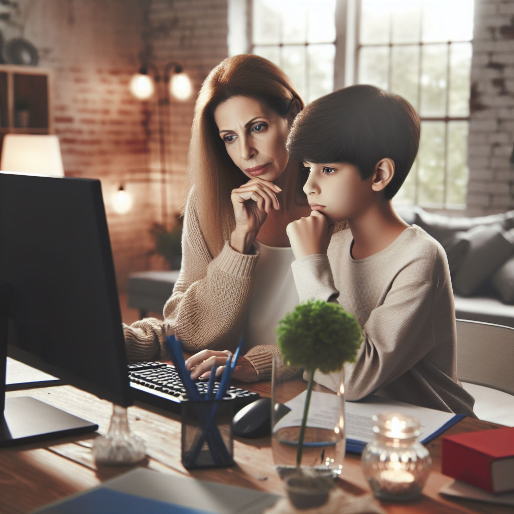 A concerned parent using a computer with parental controls, a thoughtful child beside them, discussing safe internet use. They are in a warm, cozy home setting, symbolizing protection and education.