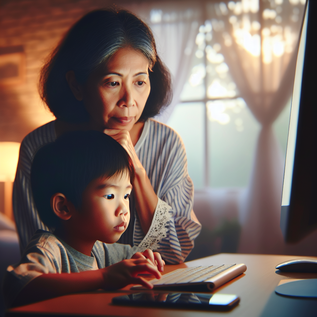 A concerned parent watching over a child using a computer with a protective expression, symbolizing internet safety and child protection from online threats. The room is warmly lit, creating a safe and comforting atmosphere.