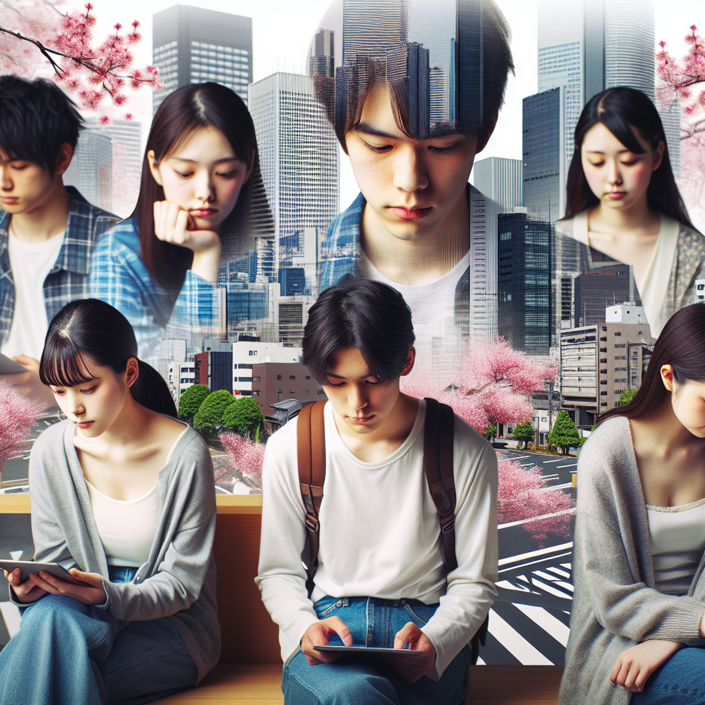 A group of young Japanese students in a modern urban setting, seeming indifferent to each other, with subtle body language indicating avoidance of close contact. The background should reflect Japanese culture with elements like cherry blossoms or cityscape, conveying a sense of isolation despite proximity.