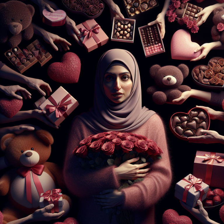 A person being showered with an overwhelming amount of romantic gestures, such as flowers and gifts, in a slightly ominous, manipulative atmosphere, digital art.