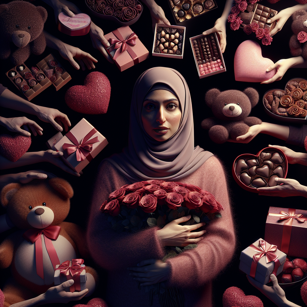 A person being showered with an overwhelming amount of romantic gestures, such as flowers and gifts, in a slightly ominous, manipulative atmosphere, digital art.