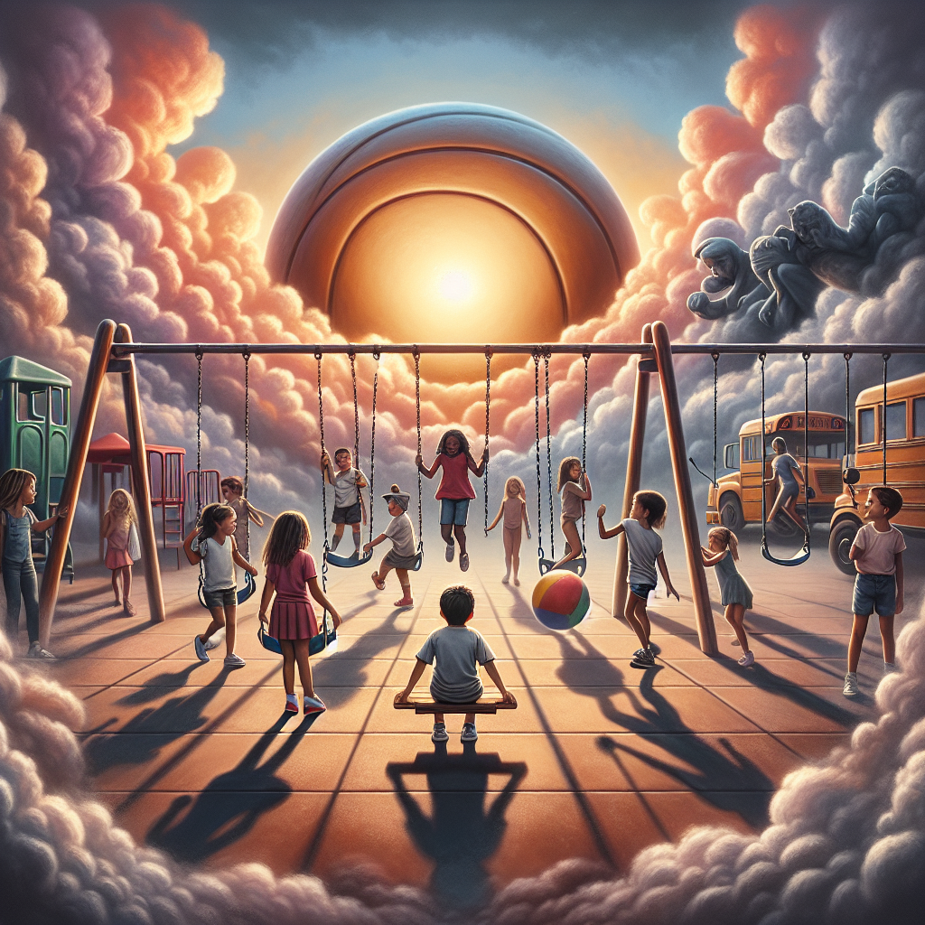 An emotionally charged and thought-provoking image depicting a school playground, capturing the contrast between an everyday environment and the serious issue of childhood aggression and violence, with elements that symbolize innocence juxtaposed with underlying tension.