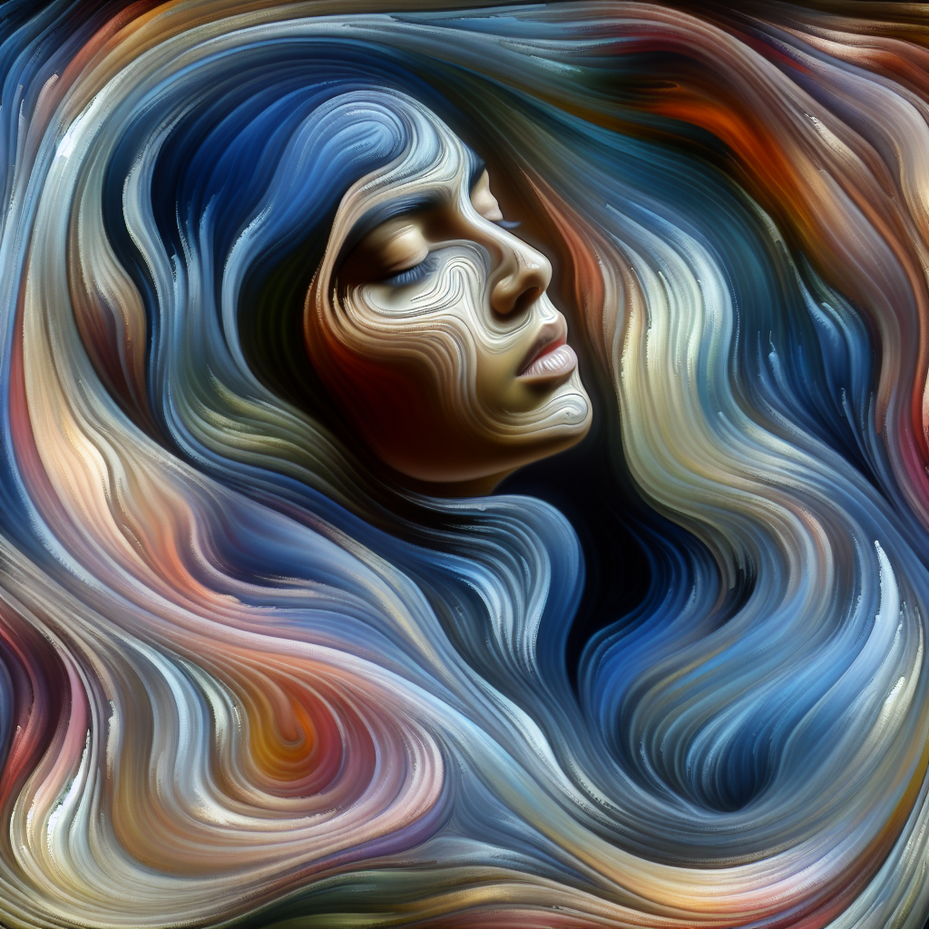 An abstract image of a serene person in a state of trance and pleasure, surrounded by calm, flowing colors representing waves of sensation and pleasure, conveying a sense of exploration and inner peace.