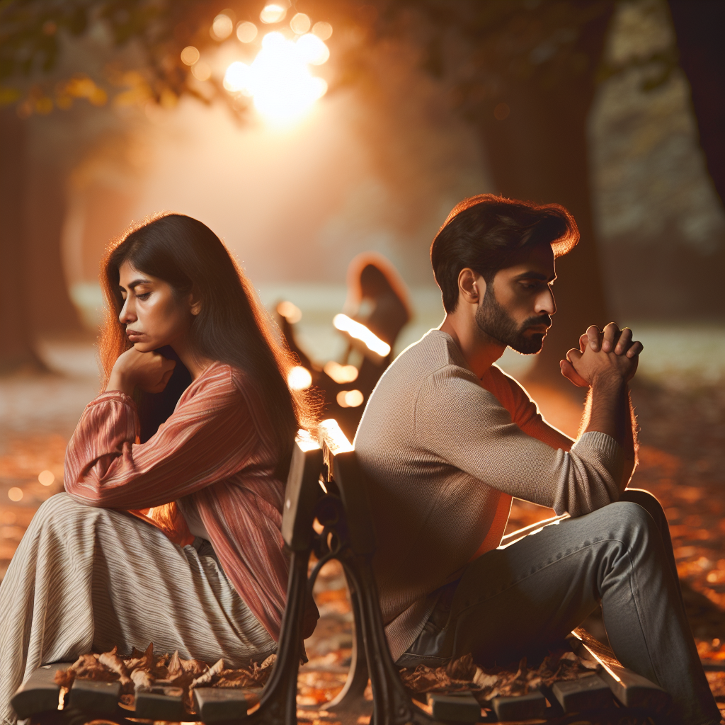 An introspective couple sitting apart on a park bench, each absorbed in their thoughts, surrounded by autumn leaves. The scene captures a sense of emotional distance and contemplation, with soft, warm afternoon sunlight casting a gentle glow.