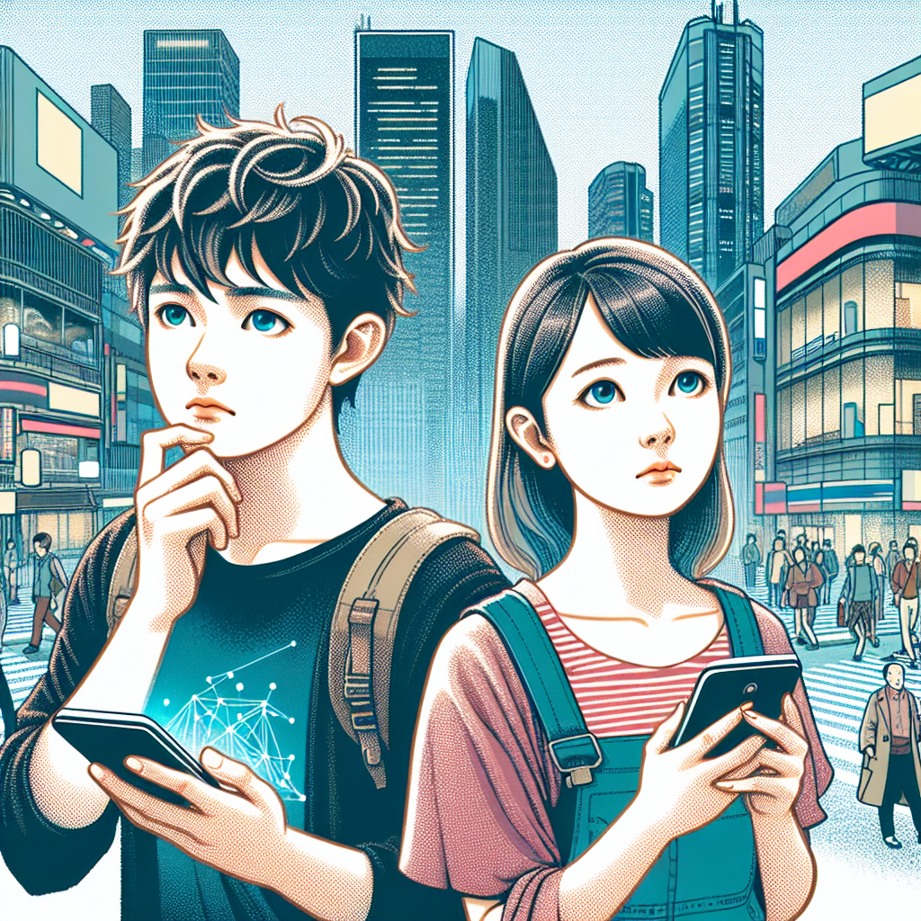 A thoughtful illustration of young Japanese people in a contemporary urban setting, expressing emotions of curiosity and reflection, to represent changing social habits among youth.