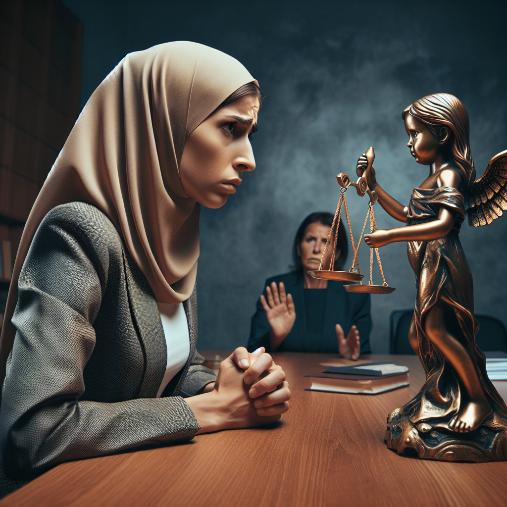 A powerful, empathetic illustration of a determined mother in a courtroom, defending her rights against a controversial legal accusation, with a backdrop of scales of justice and an emotional portrayal of parent and child.