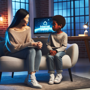 A thoughtful parent in a modern living room setting, discussing internet safety with a child. The atmosphere is gentle and educational, with a focus on protecting children online, a computer visible in the background.