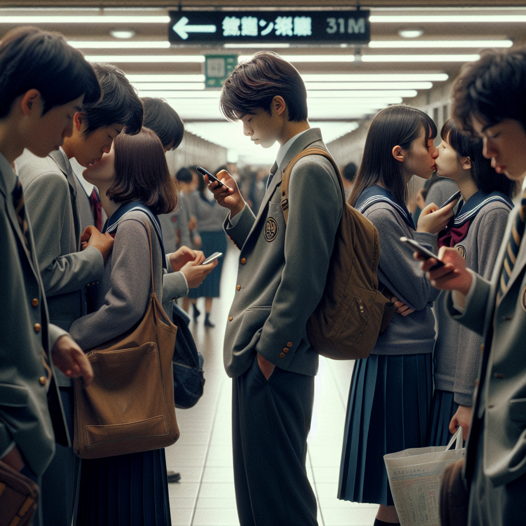 A group of young Japanese students in a high school setting, some looking at their phones, others engaged in quiet conversation. The atmosphere is subdued, reflecting a decline in intimate interactions like kissing. The scene captures a mix of modern Japanese culture, with students in uniforms, amidst a backdrop of school corridors and classrooms.