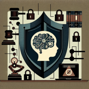 An abstract illustration showing a protective shield around a child's mind, emphasizing the protection of minors from digital threats with muted colors, incorporating elements like a judge's gavel, digital locks, and a computer screen displaying forbidden symbols.