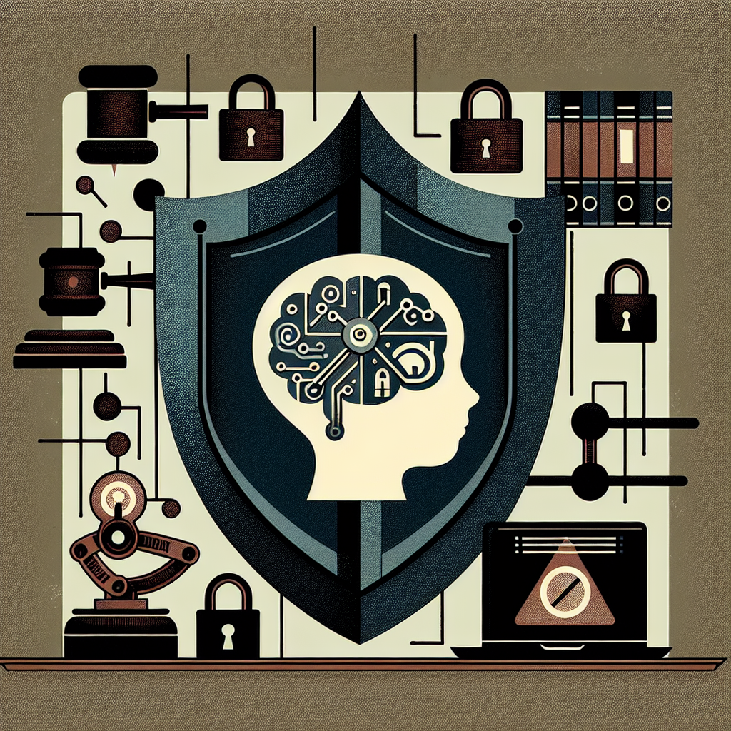 An abstract illustration showing a protective shield around a child's mind, emphasizing the protection of minors from digital threats with muted colors, incorporating elements like a judge's gavel, digital locks, and a computer screen displaying forbidden symbols.