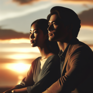 A couple sitting together, looking at the sunset, with a forward-thinking expression, representing stability and planning in relationships; soft warm colors suggest a hopeful and promising future.