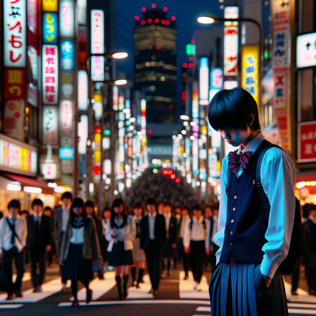 A Japanese teenager in traditional school attire standing thoughtfully on a busy Shibuya street, surrounded by vibrant neon lights. The image reflects cultural values and modern teenage dilemmas around intimacy.