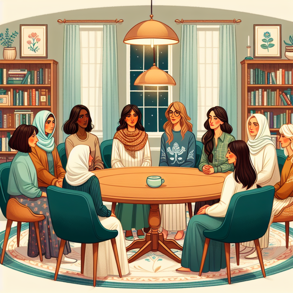 A tasteful and respectful illustration depicting a diverse group of women discussing the topic of sodomy, showing expressions of curiosity, concern, and understanding, in a cozy and safe environment.