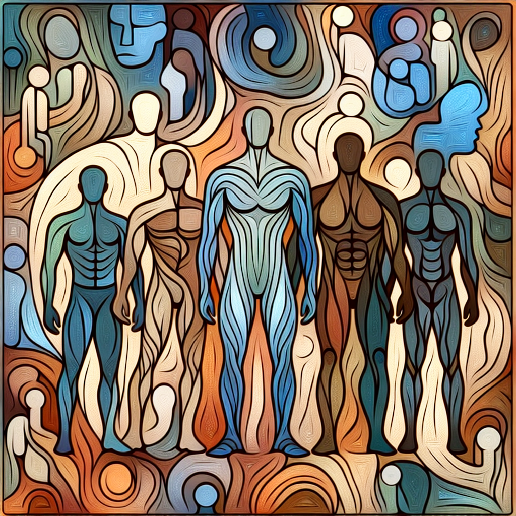 A thoughtful illustration depicting diverse male body types, focusing on different perceptions of size and attraction, set against the backdrop of abstract human figures symbolizing diversity and acceptance.