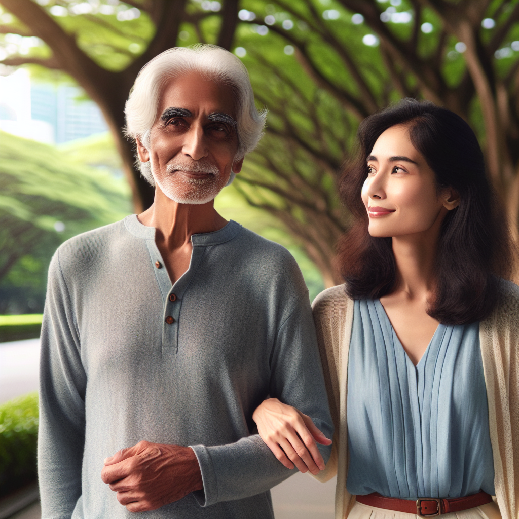 A loving couple, where one partner is significantly older than the other, walking hand in hand in a park. The older partner is gently smiling while the younger one looks at them with admiration. In the background, soft blurred trees suggest a serene and peaceful setting.