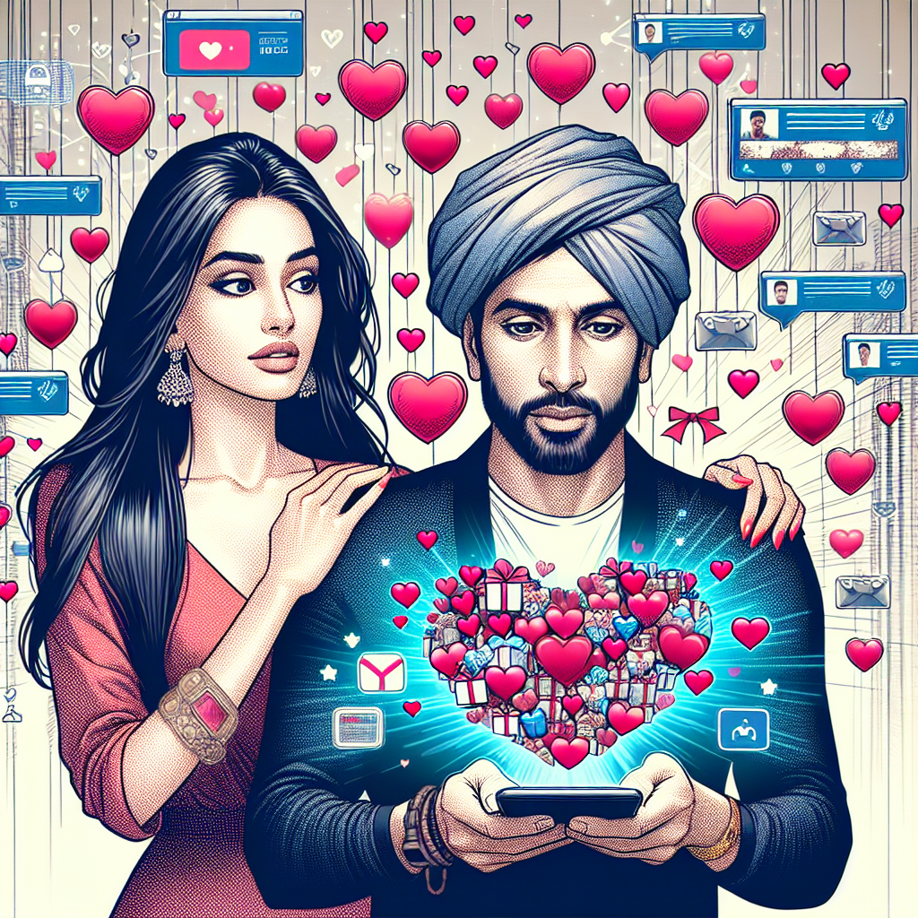 An illustration depicting a couple with one partner overwhelmed by hearts and gifts, symbolizing the intense and manipulative nature of love bombing. The setting is modern, with elements like smartphones or social media notifications emphasizing the digital aspect of this phenomenon.