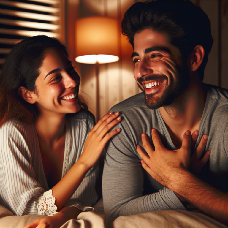 A couple in a cozy, softly lit bedroom, engaged in a warm and intimate conversation. They are both smiling, looking relaxed and open to each other's ideas, creating a sense of trust and emotional connection. The scene conveys a feeling of comfort and mutual respect, highlighting the theme of communication and intimacy.