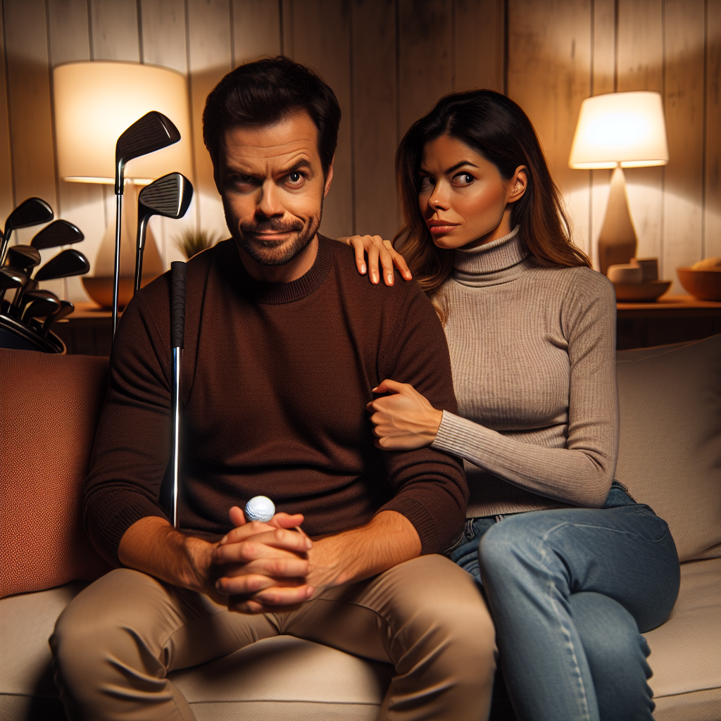 A confused couple sitting on a couch, the man holding a golf club behind his back while his partner looks suspicious, in a modern living room setting. The lighting is cozy, highlighting the tension between them.